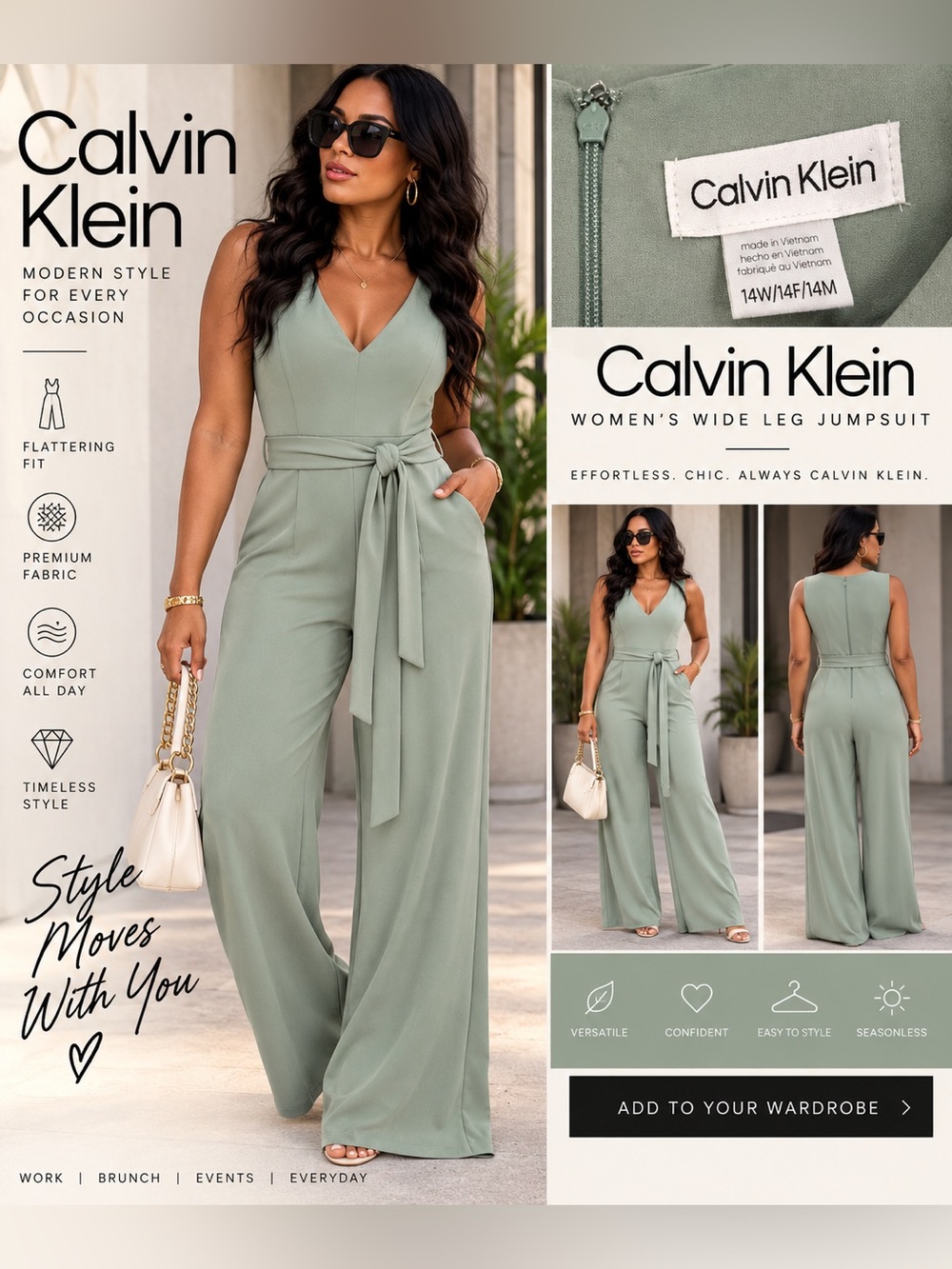 Calvin Klein Sleeveless Wide-Leg Jumpsuit in Sage Green size 14W